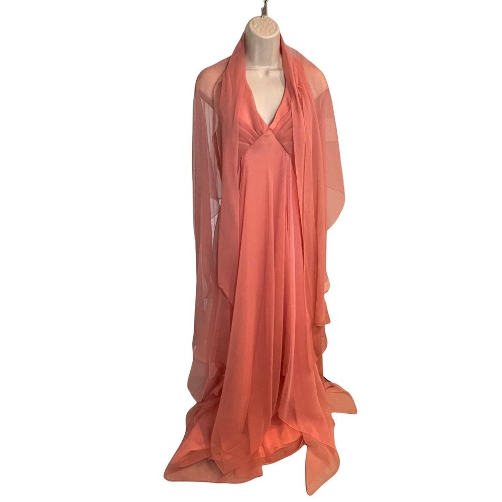 Jack Bryan Vintage Peach Chiffon Sleeveless V-Neck Formal Gown Sz 12
